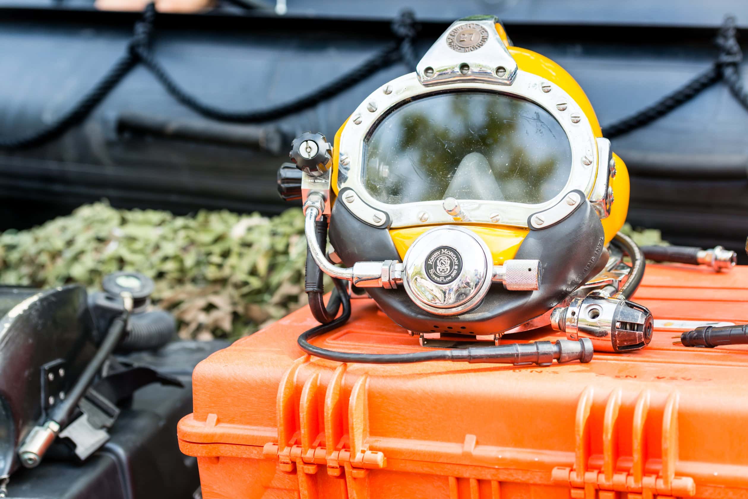 Scuba diving equipment (a breathing mask) from the Spanish Marine Infantry diving teams being shown during an exhibition