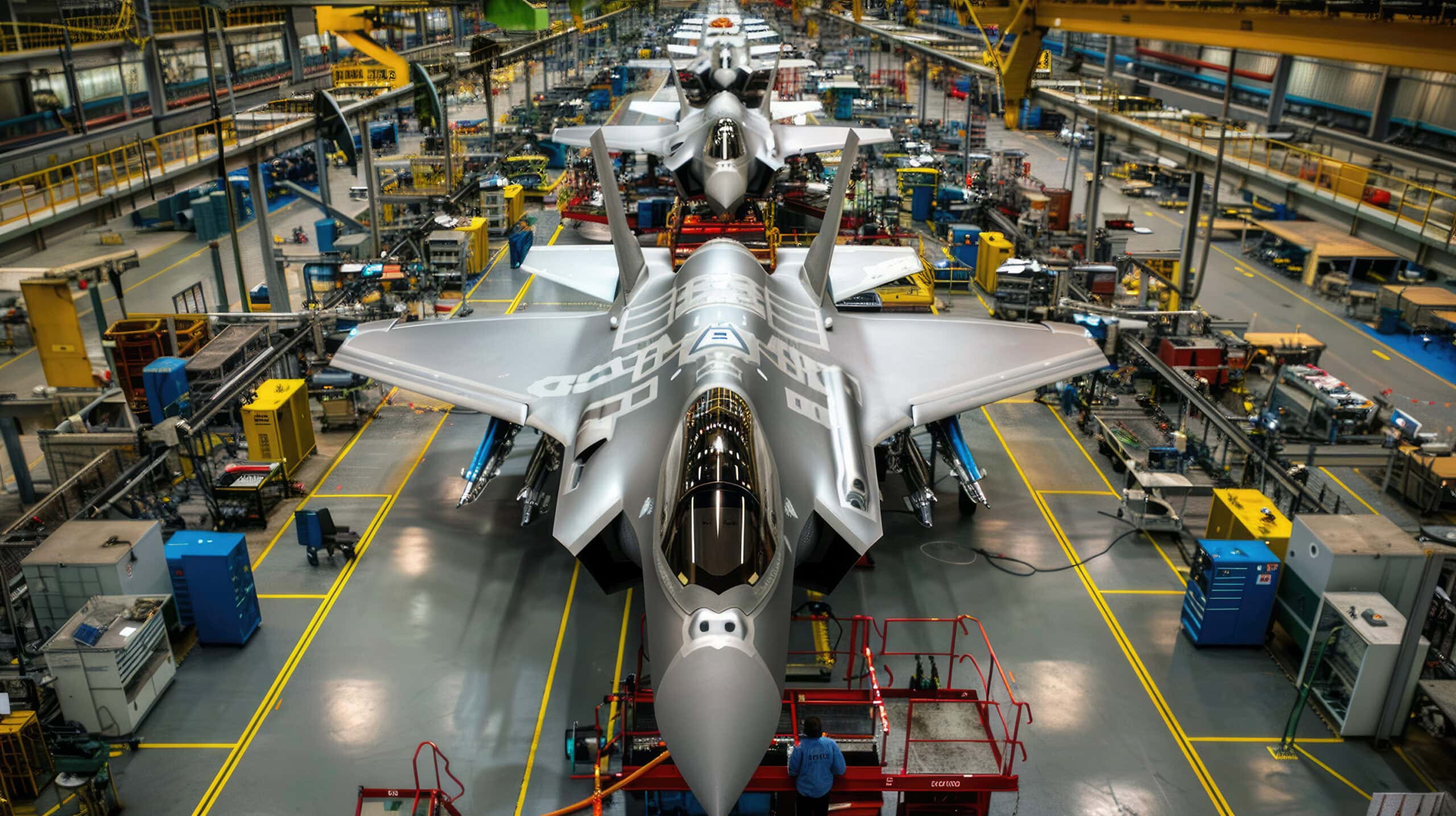 Futuristic airplanes being built at modern aerospace factory, military aircrafts are in assembly shop of plant. Concept of plane, industry, manufacturing, fighter, war